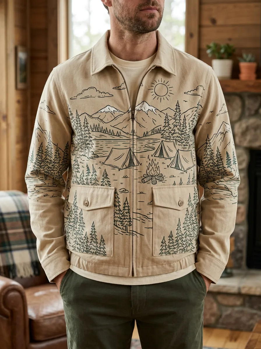 Men's Camping Mountain Forest Landscape Printed Jacket