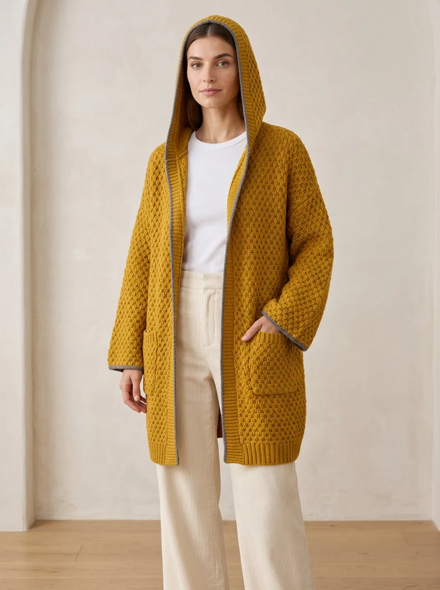 Women's Grey Honeycomb-Knit Open-Front Patch-Pocket Hooded Cardigan