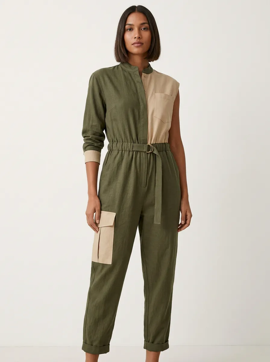 Women's Colorblock Asymmetric Belted Jumpsuit