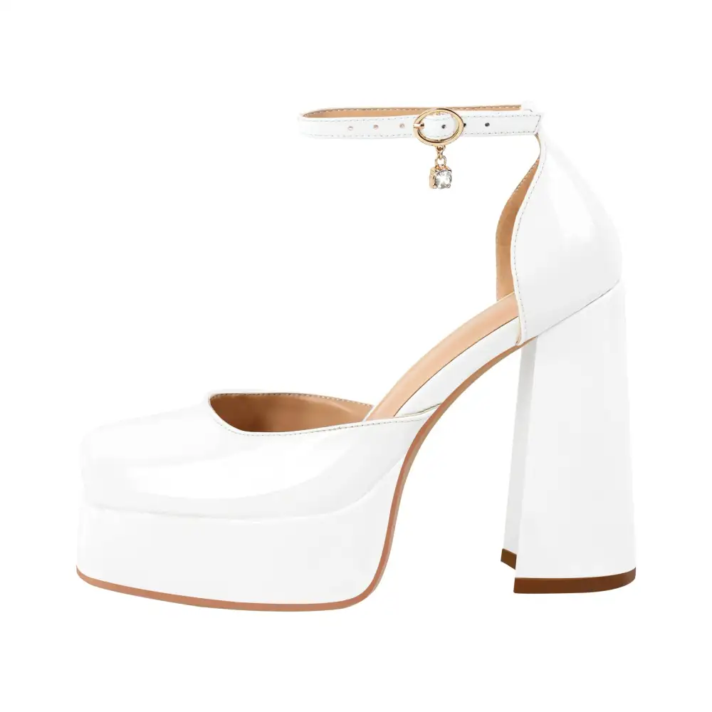 Modern Patent Finish Square Toe Low Platform Chunky Heel Pumps