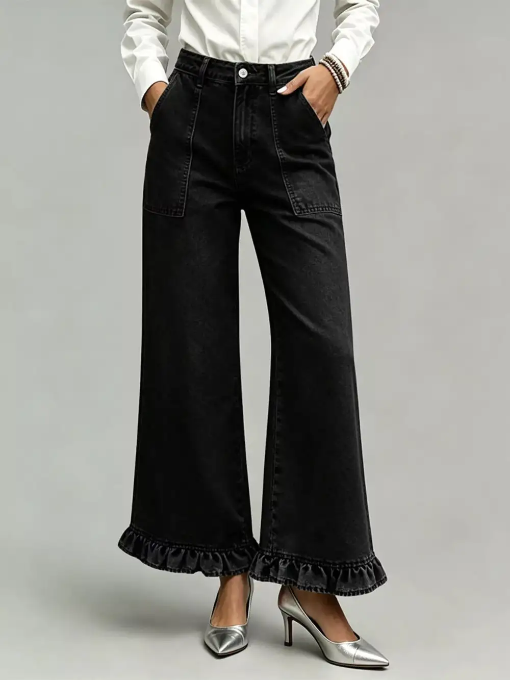 Women' High-Waisted Wide-Leg Ruffle Hem Jeans