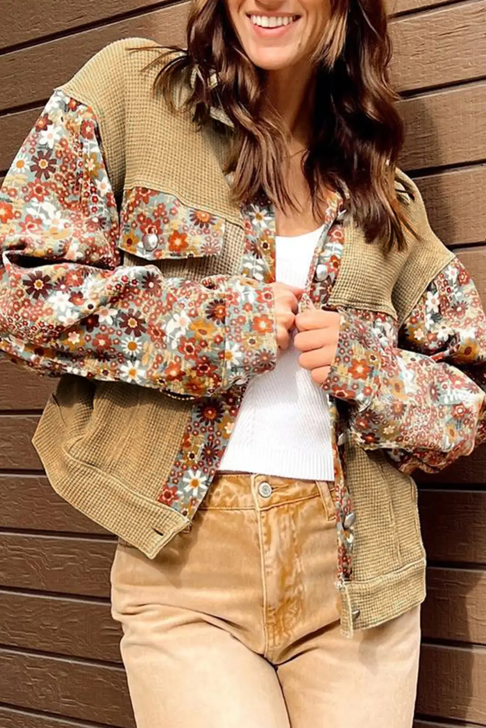 Collared Waffle-Knit Textured Floral-Print Jacket