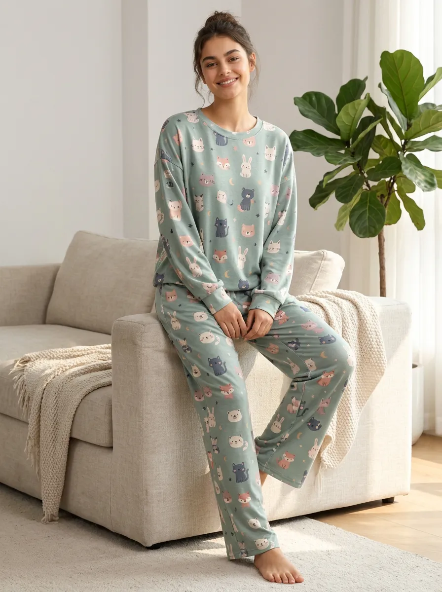 Women's Animal and Star Crewneck Loungewear Set