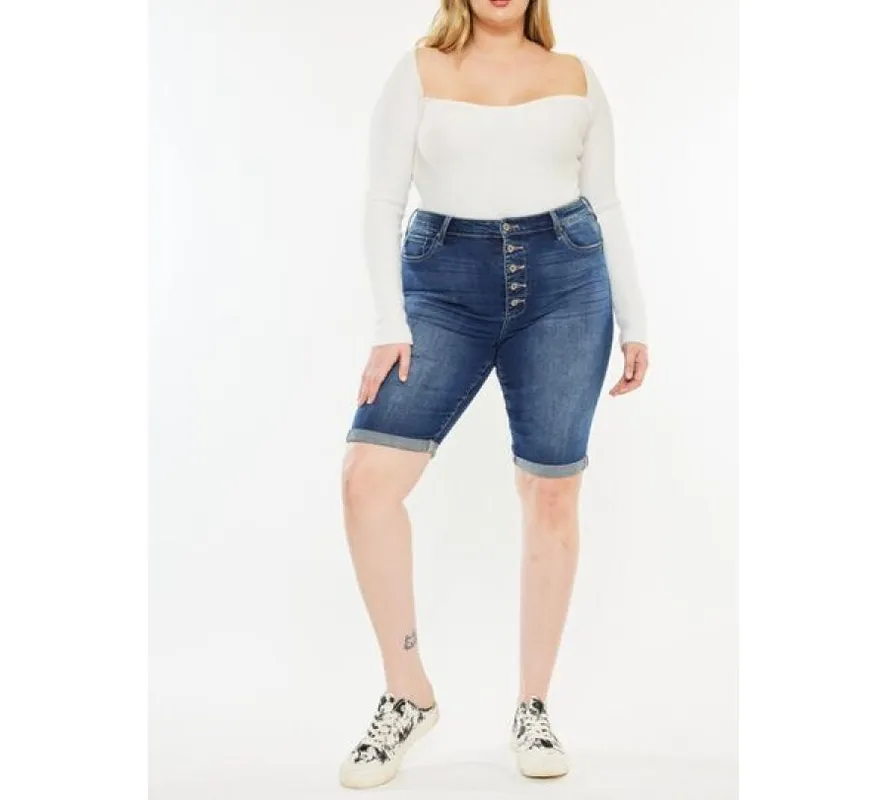Plus Size Cat's Whiskers Button-Fly Denim Shorts
