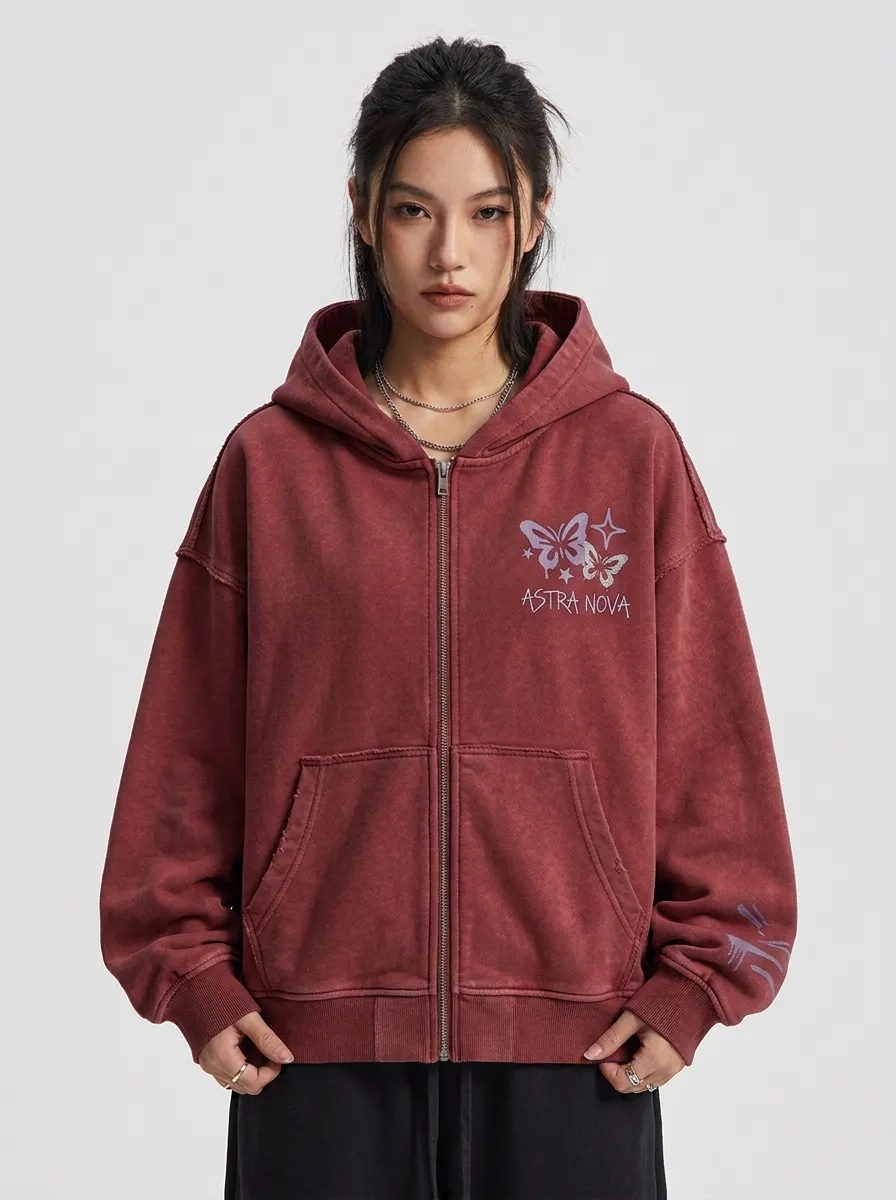 Women's Streetwear Astra Nova Butterfly Star Printed Zip-up Hoodie