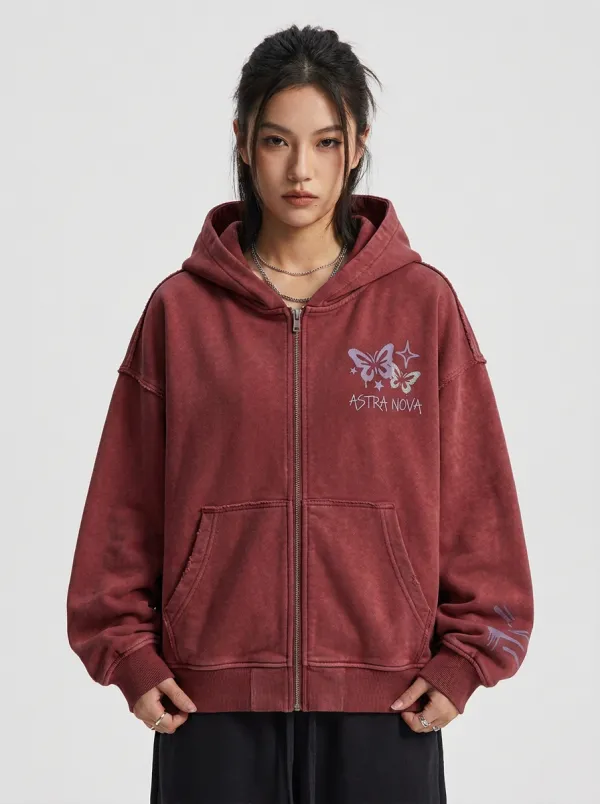 Women's Streetwear Astra Nova Butterfly Star Printed Zip-up Hoodie