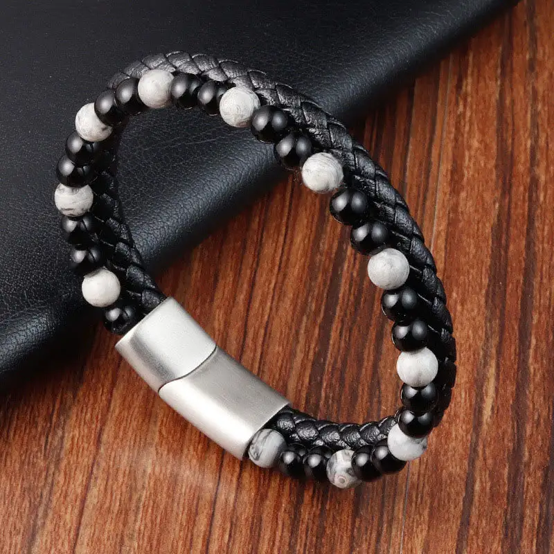 Onyx Jasper Titanium Steel Stability Leather Bracelet
