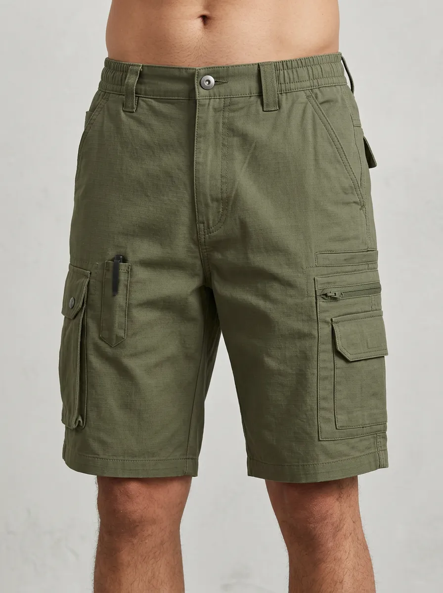 Men's Elastic Waist Snap Cargo Pockets Cargo Shorts
