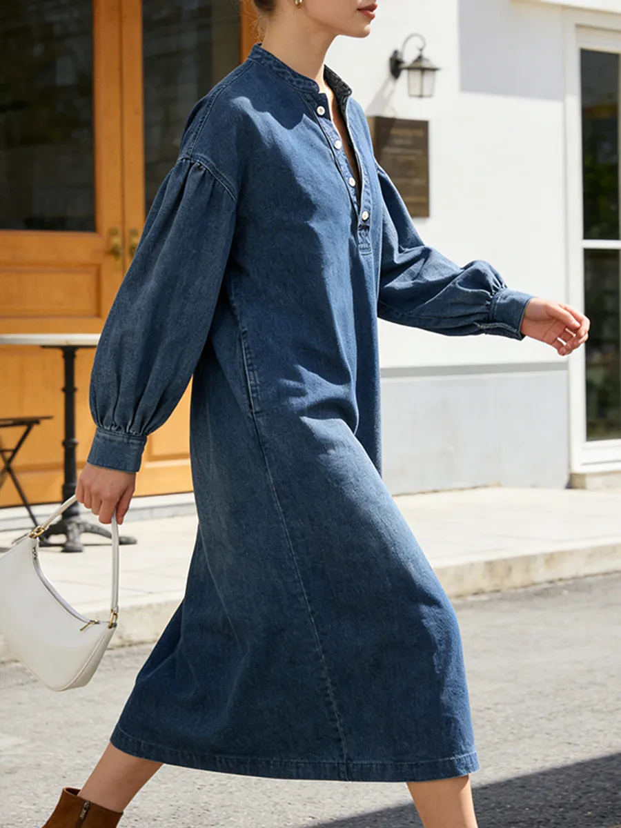 Sleeves Buttoned Long Neck Maxi Dress