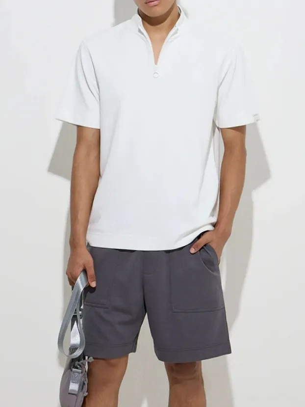White Zip Collar Loose Cotton Blend T-Shirt
