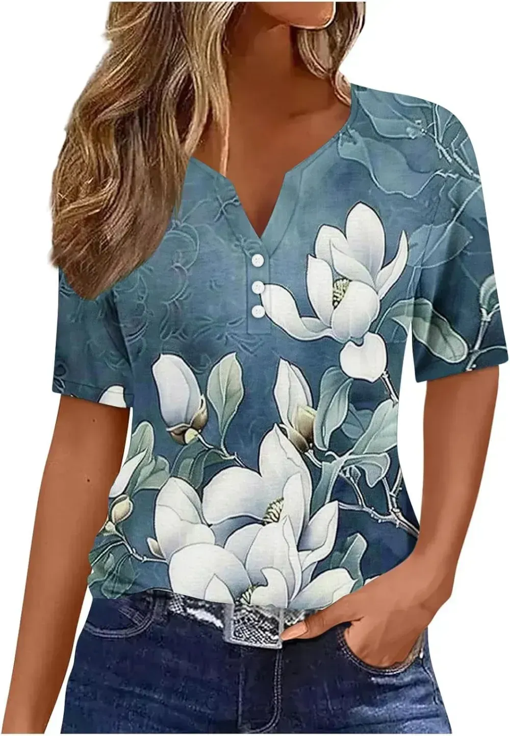 Shirts for Women Casual Printed Summer Tops Short-Sleeved Button V-Neck Tops Blouse Fashion Boho T-Shirts