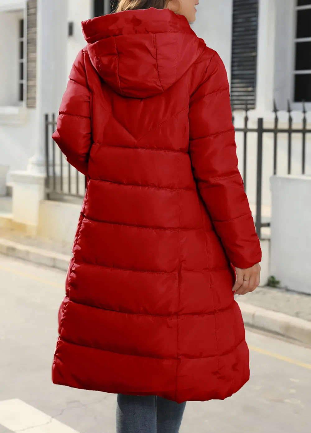 Red Pocket Long Sleeve Hooded Coat
