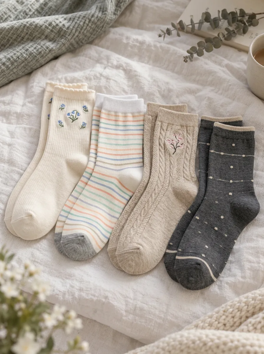 Women's Floral Striped Cable Knit Embroidered Printed Socks 4-Pack