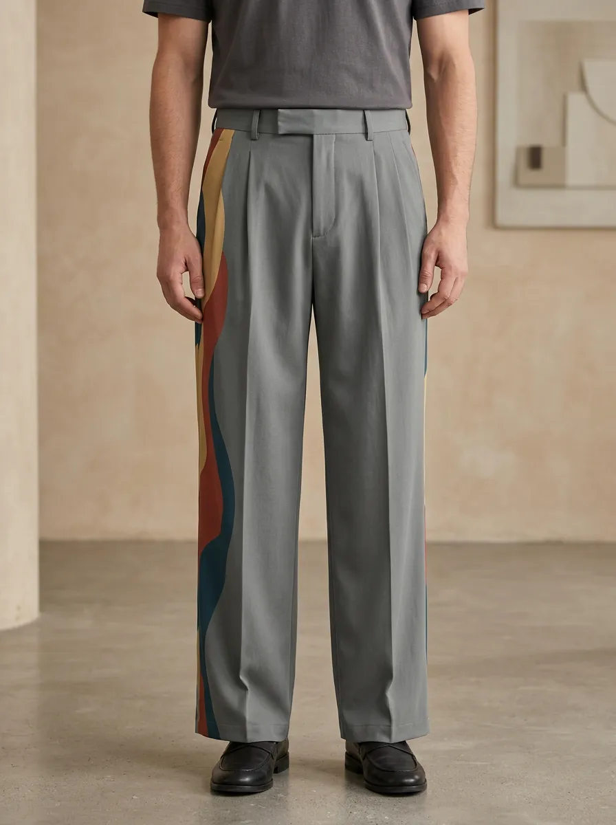 Men's Abstract Wave Pattern Printed Wide Leg Trousers Modern Pattern