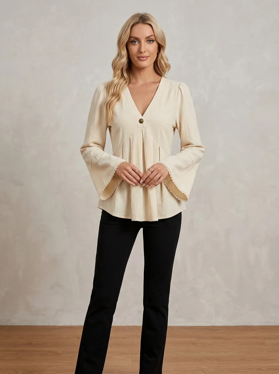 V-Neck Button Front Lace Trim Bell Sleeve Blouse