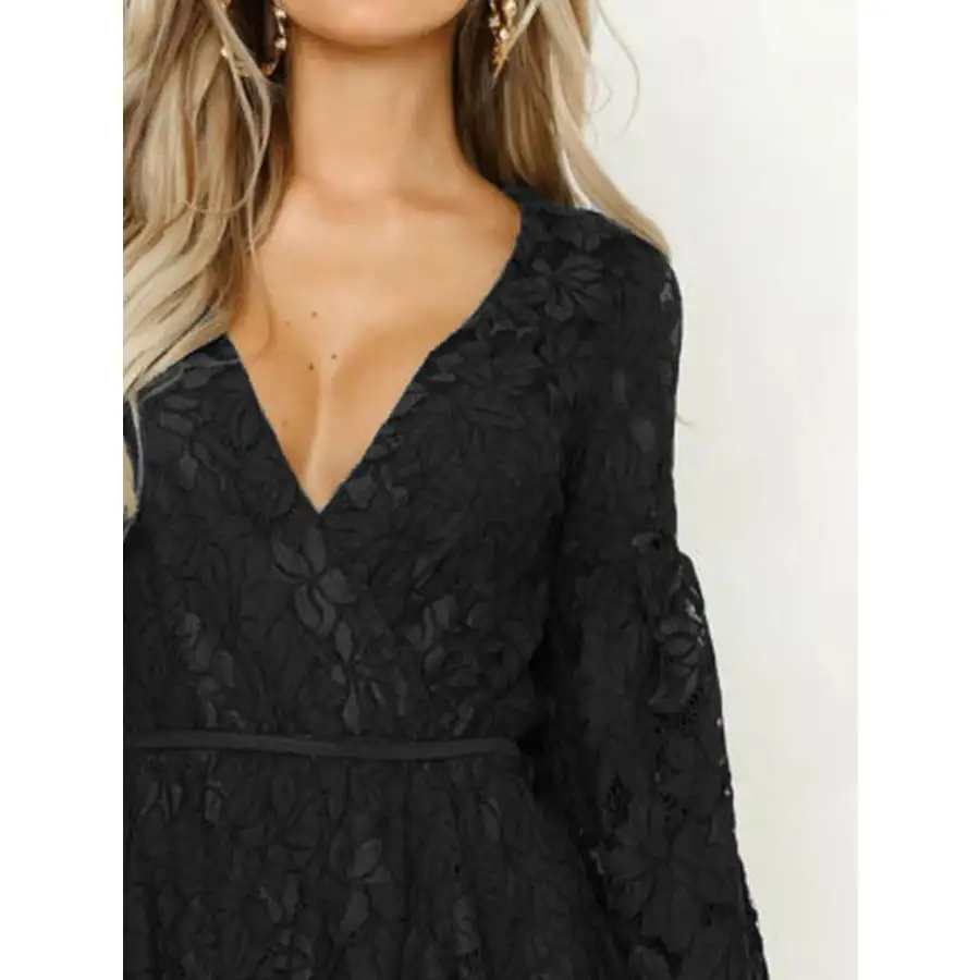 Lace V-Neck Long Sleeve Mini Dress