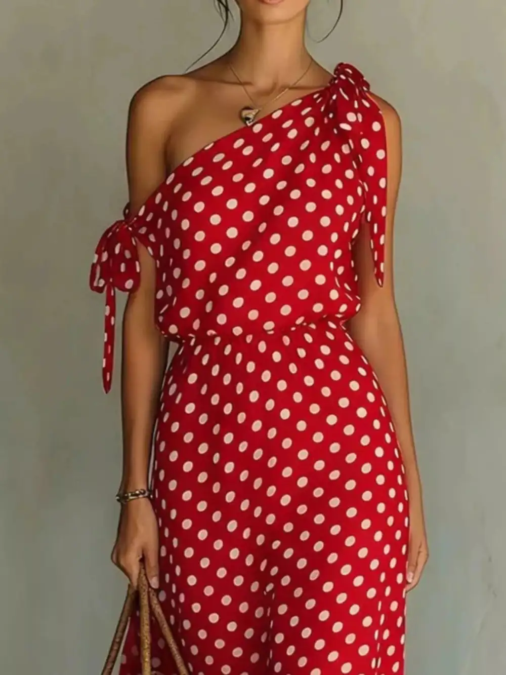 Full Size Polka Dot One Shoulder Maxi Dress With Tie Details Plus Size