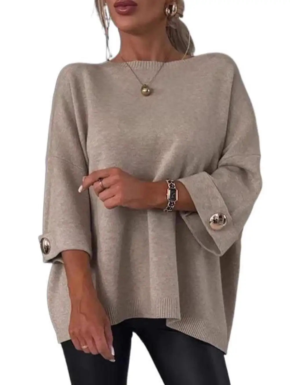 Round Neck and Mid-Sleeve Knitted Top