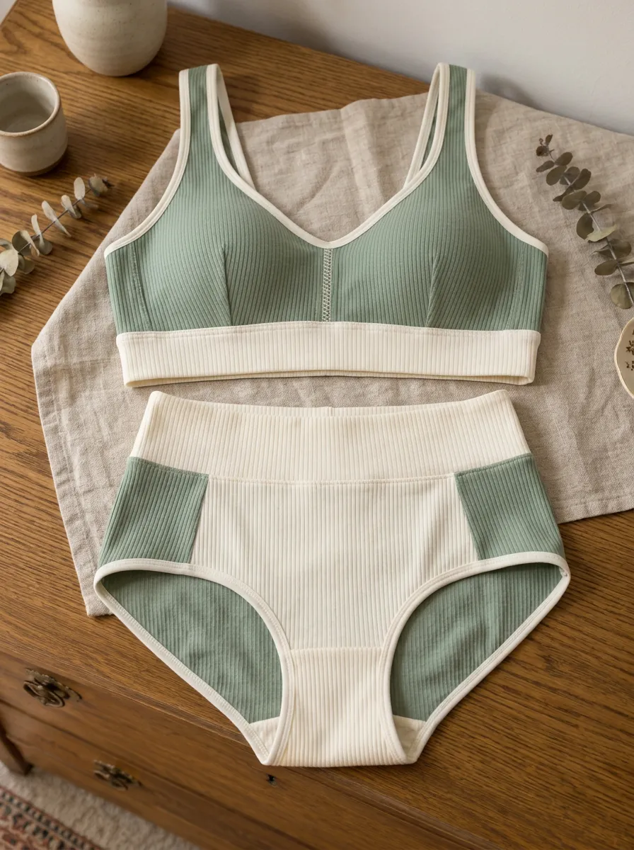 Women's Ribbed Colorblock And Ribbed Contrast Trim Lingerie Set