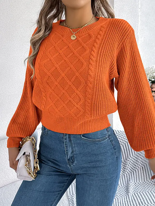Cable Knit Round Neck Long Sleeve Knit Top