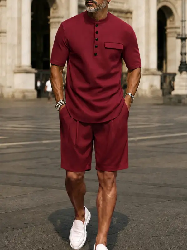 Urban Casual Button Up T-Shirt Shorts Set