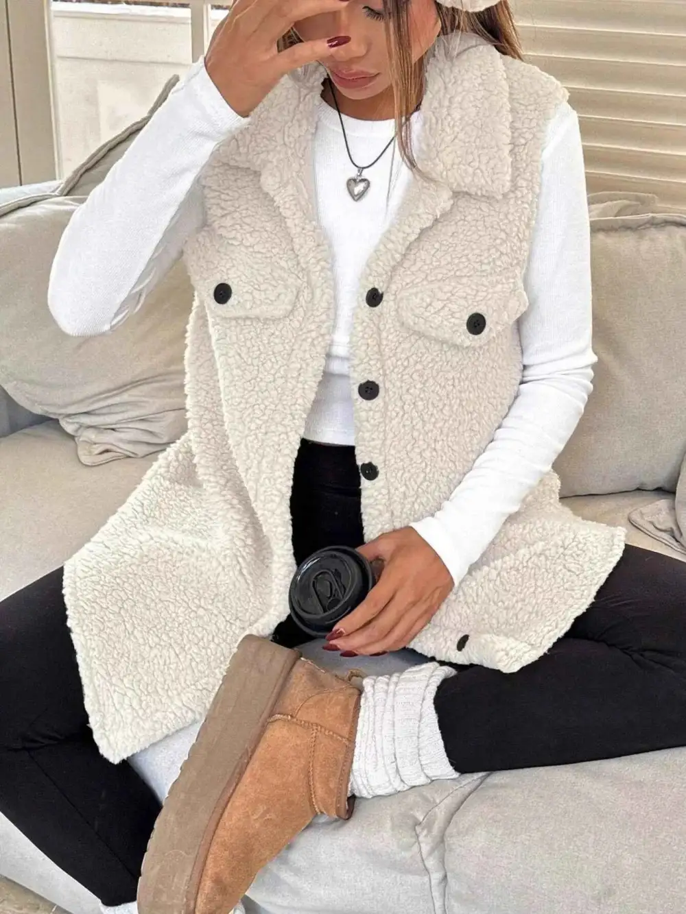 Button Down Sherpa Fleece Vest Coat