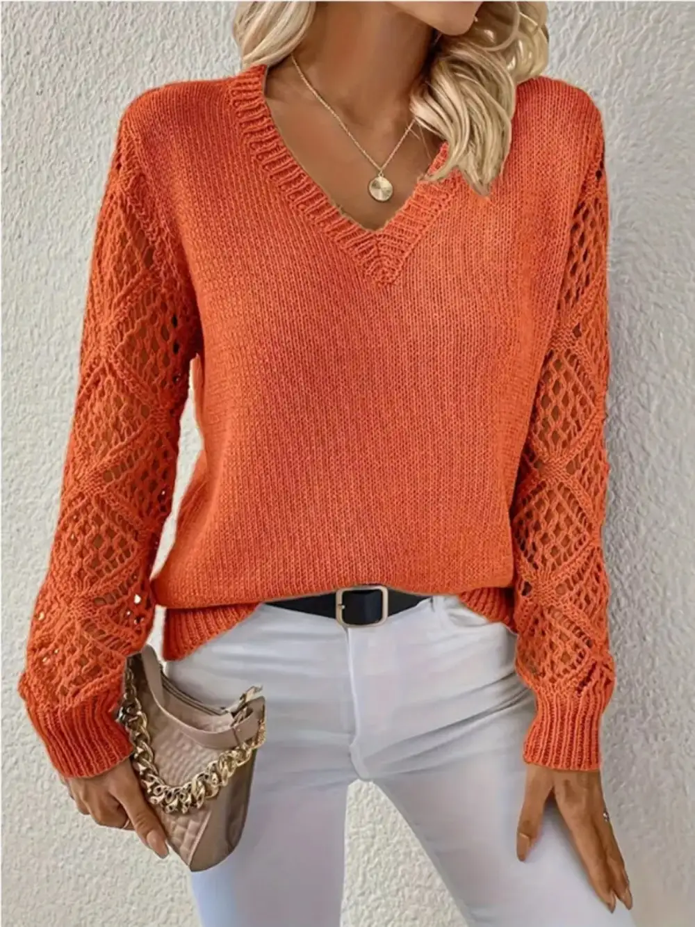 V-Neck Crochet Sweater