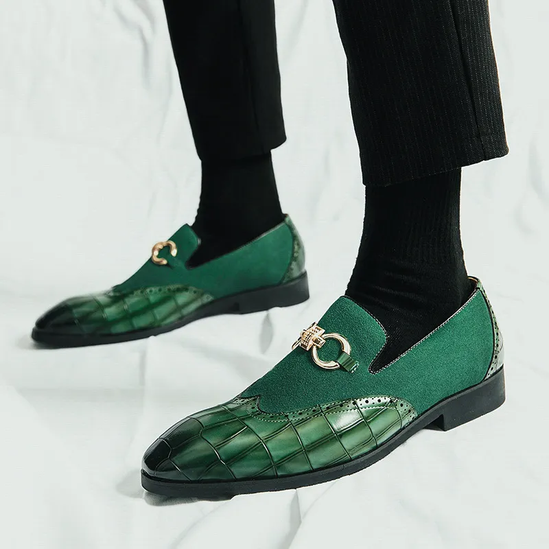 Men's Plaid Leather Patchwork Buckle Decor Slip On Pointed Toe Loafers Shoes