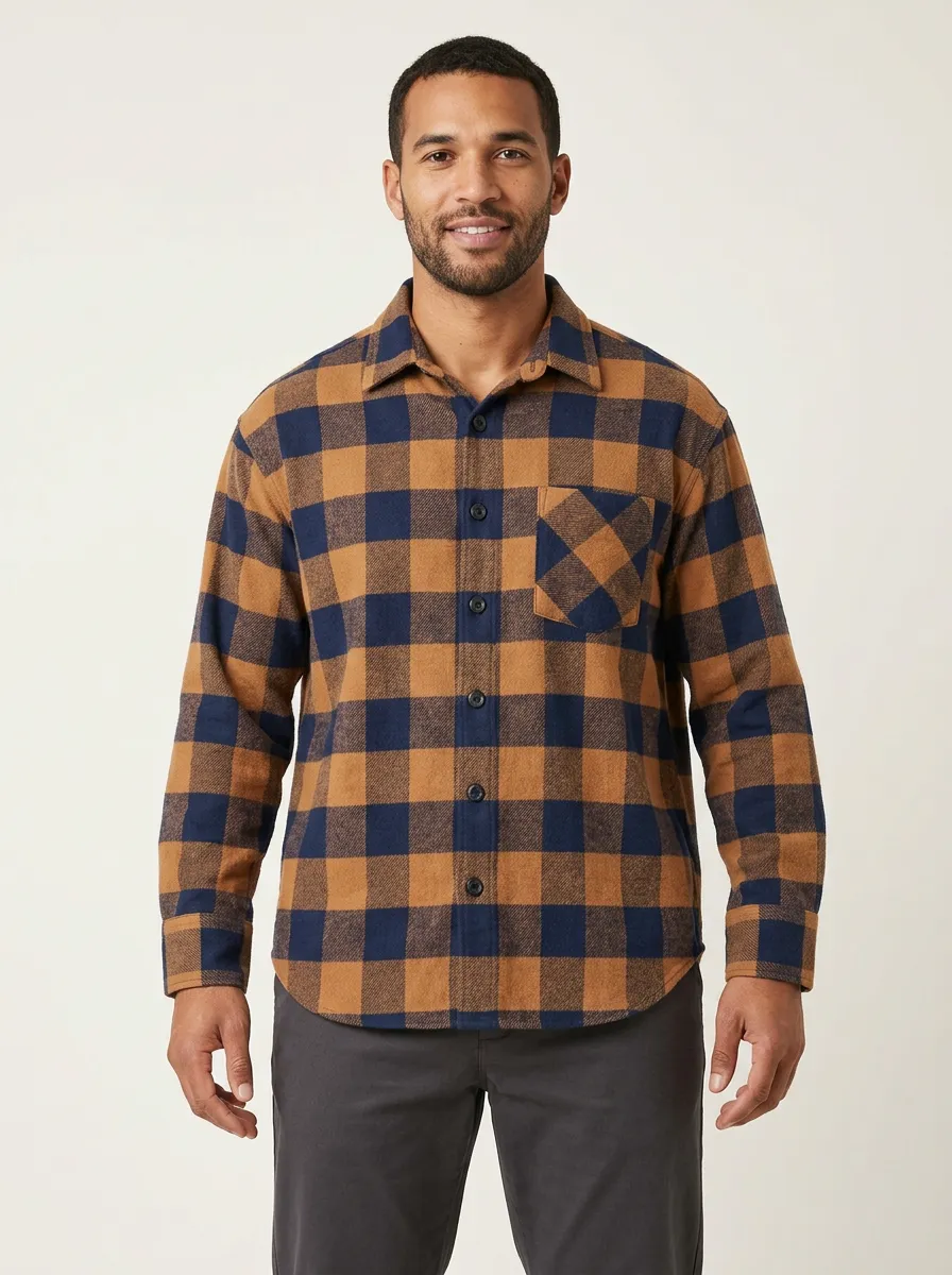 Men's Buffalo-Check Single-Pocket Button-Down Flannel Shirt