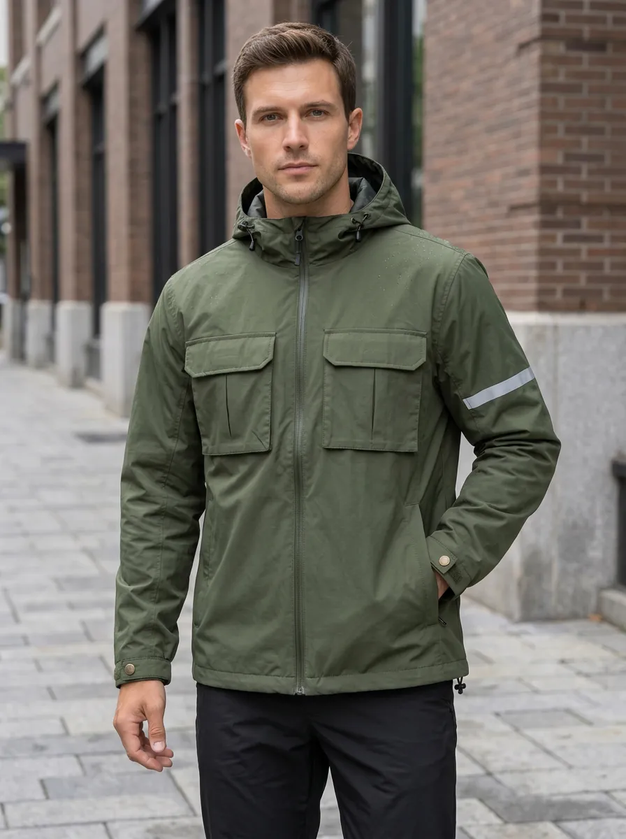 Men's Olive Green Waterproof Hooded Jacket with Adjustable Cuffs