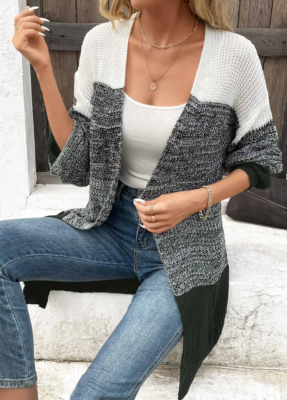 Dark Grey Patchwork Long Sleeve V Neck Coat