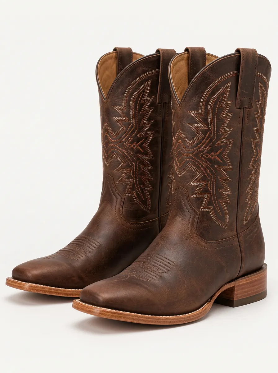 Men's Cowboy Boots in Red with Embroidered Detail and Decorative Stitching