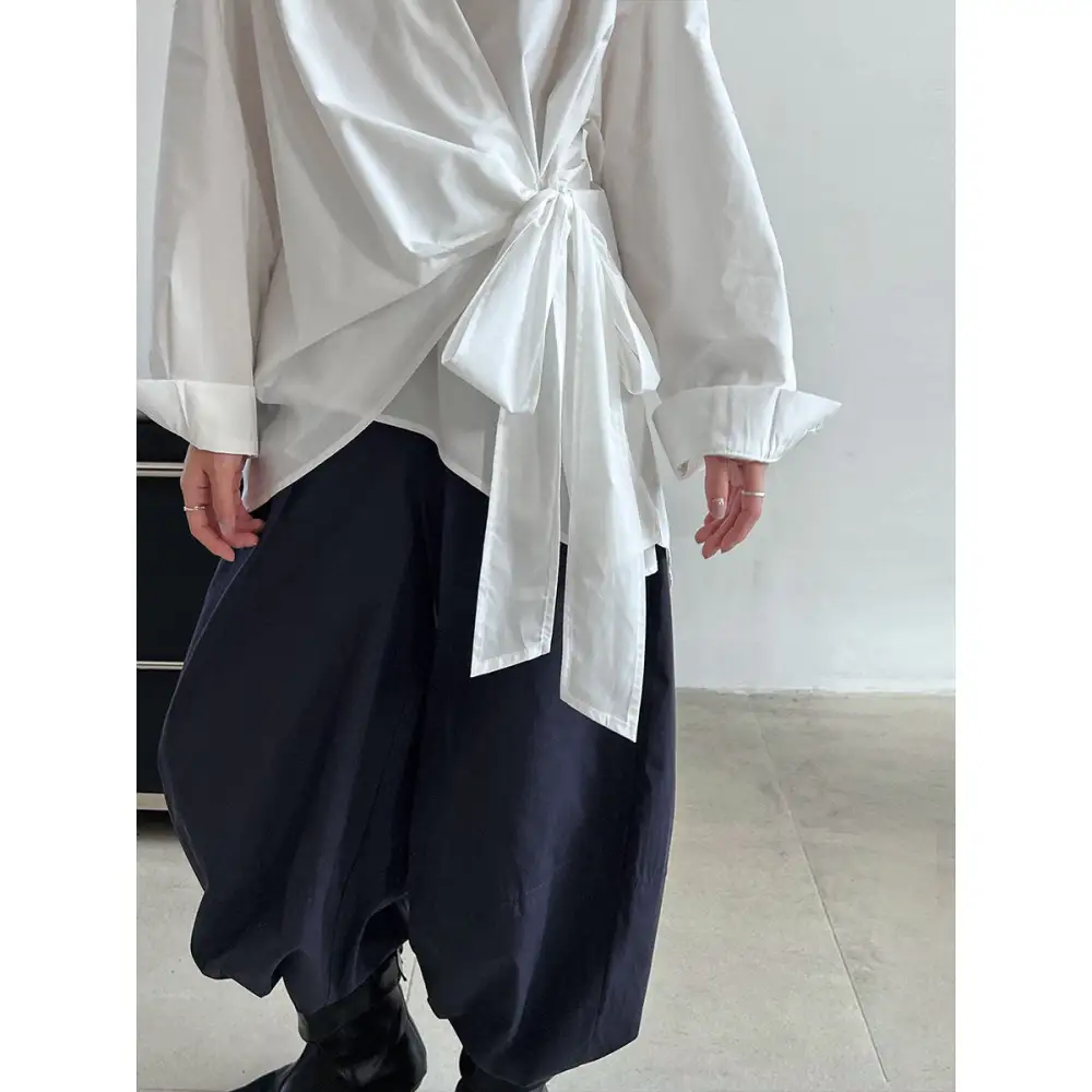 Textured Asymmetrical Waist Tie Shirt