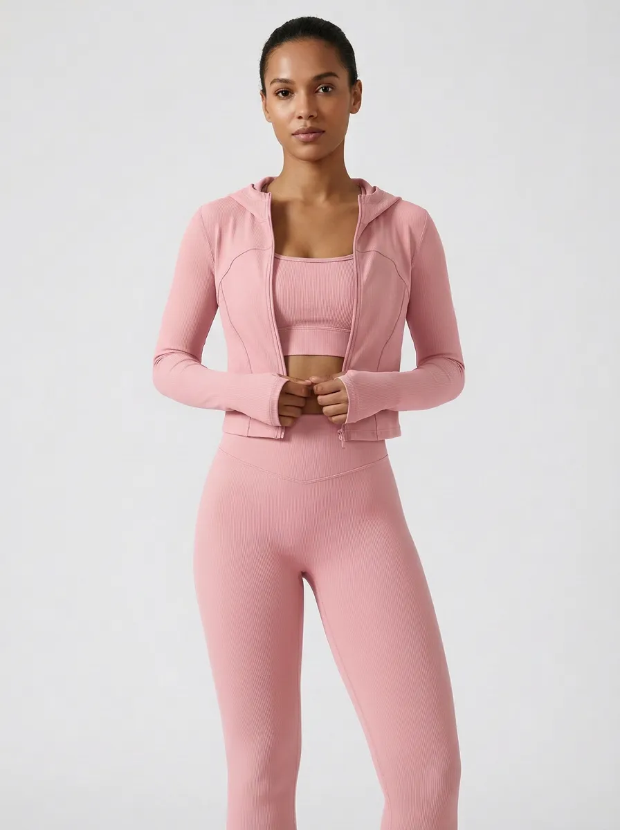 Training Ribbed Texture Seamless Design Profile Women's Three Piece Activewear Set