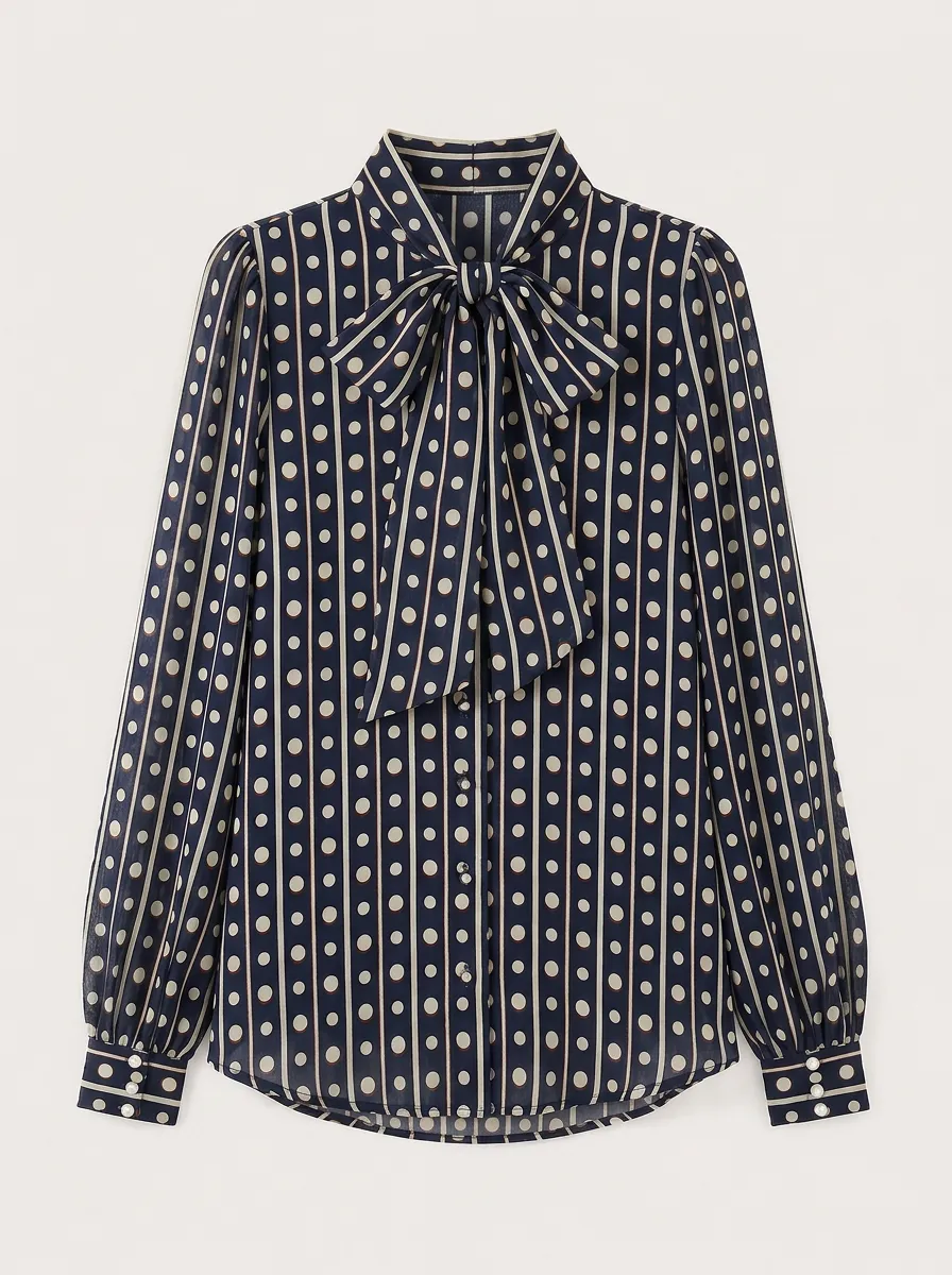 Women's Vintage Polka Dot Striped Bow Tie Printed Blouse