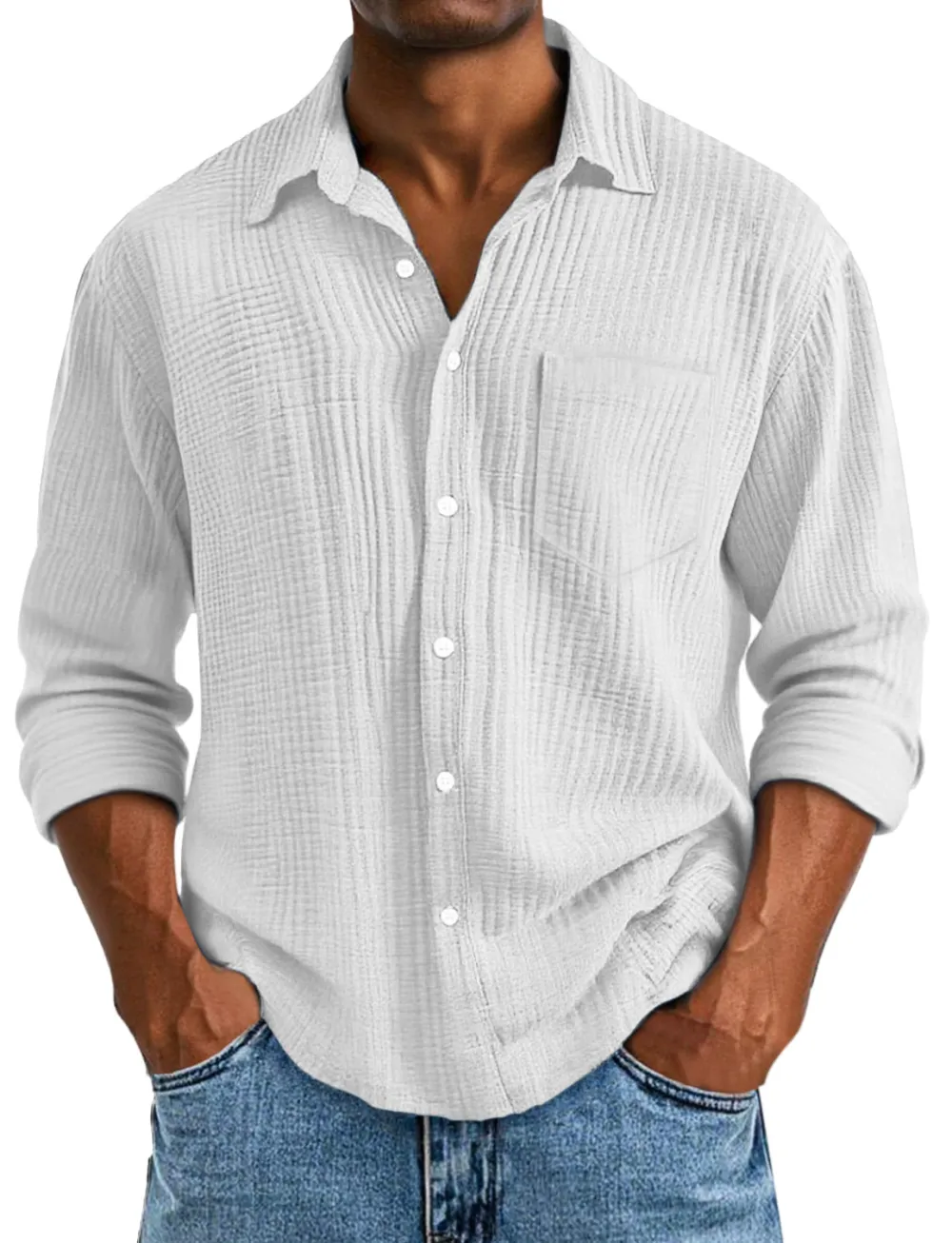 Long Sleeve Open Collar Pleated Front Shirt