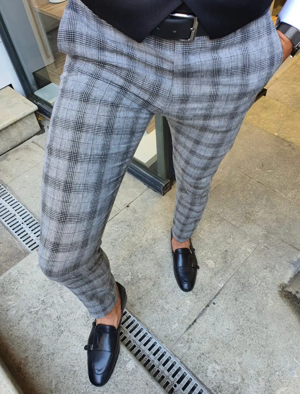 Slim Fit Plaid Linen Tailored Trousers