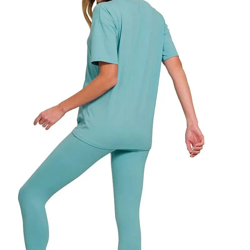 Brushed Dty Microfiber Short Sleeve Top and Pants Loungewear Set