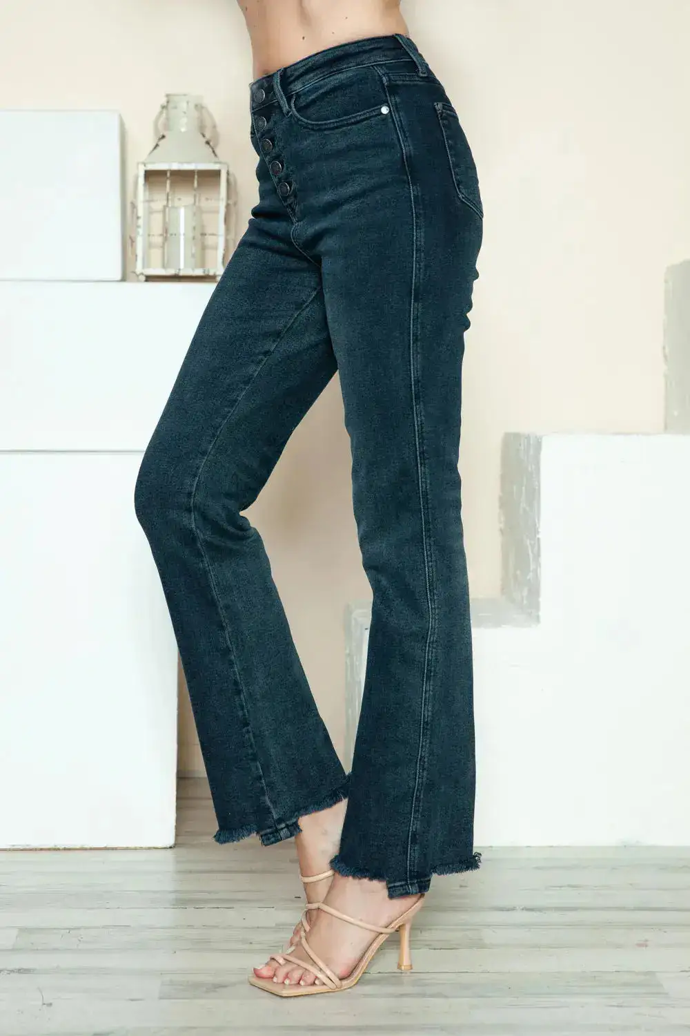 Stretch Distressed Straight-Leg Denim Jeans