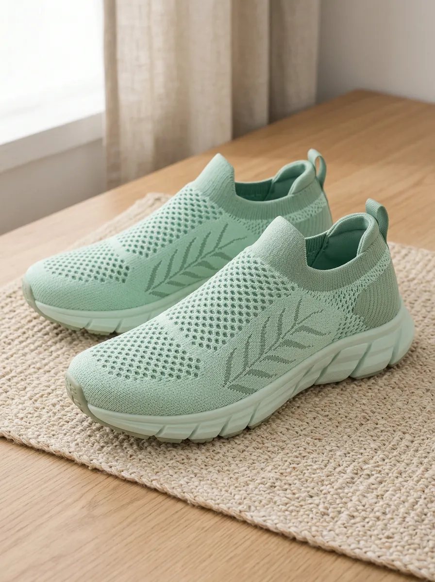 Women's Mint Green Leaf Pattern Knitted Slip-on Sneakers