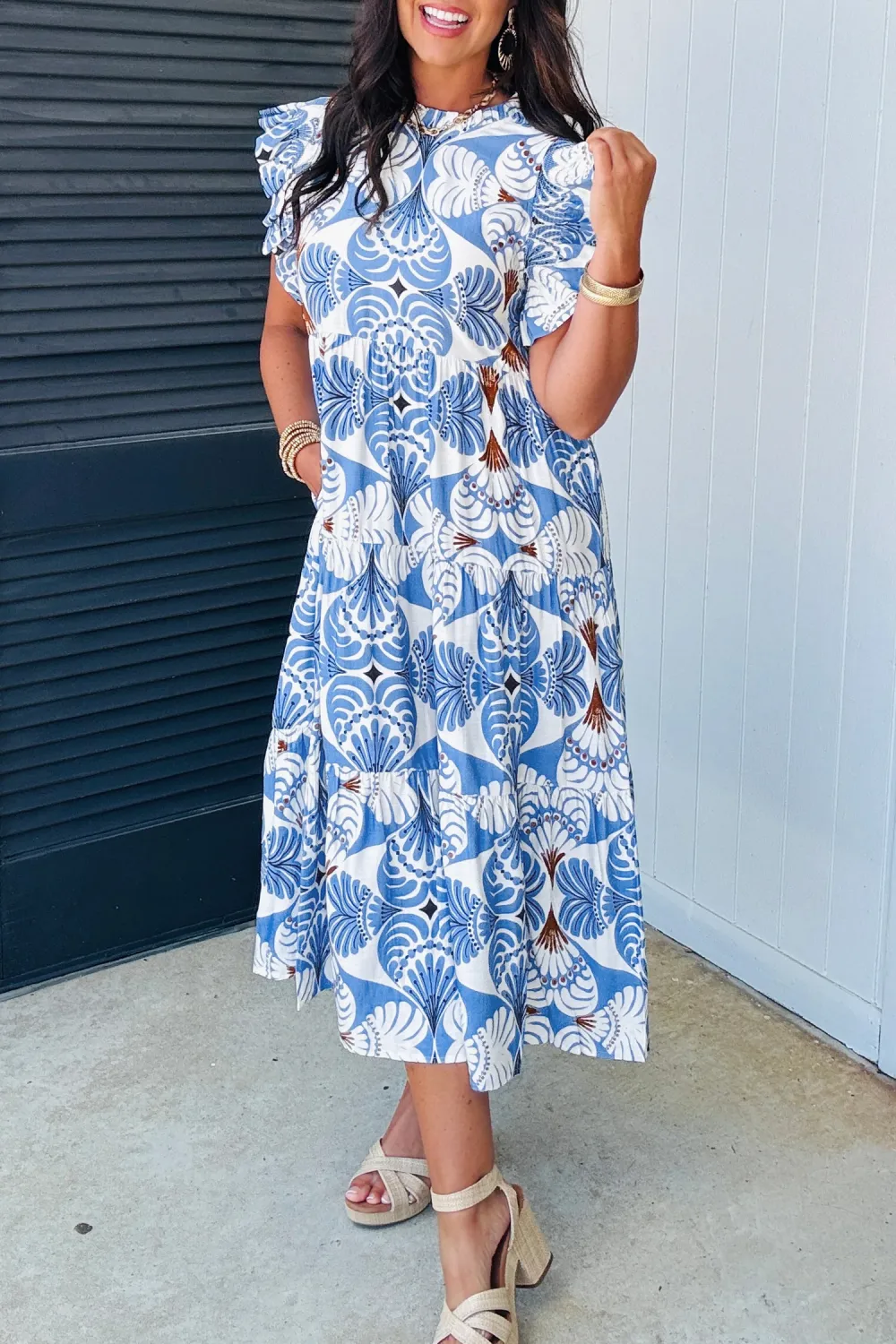 Blue Botanical Flutter Sleeve Dress