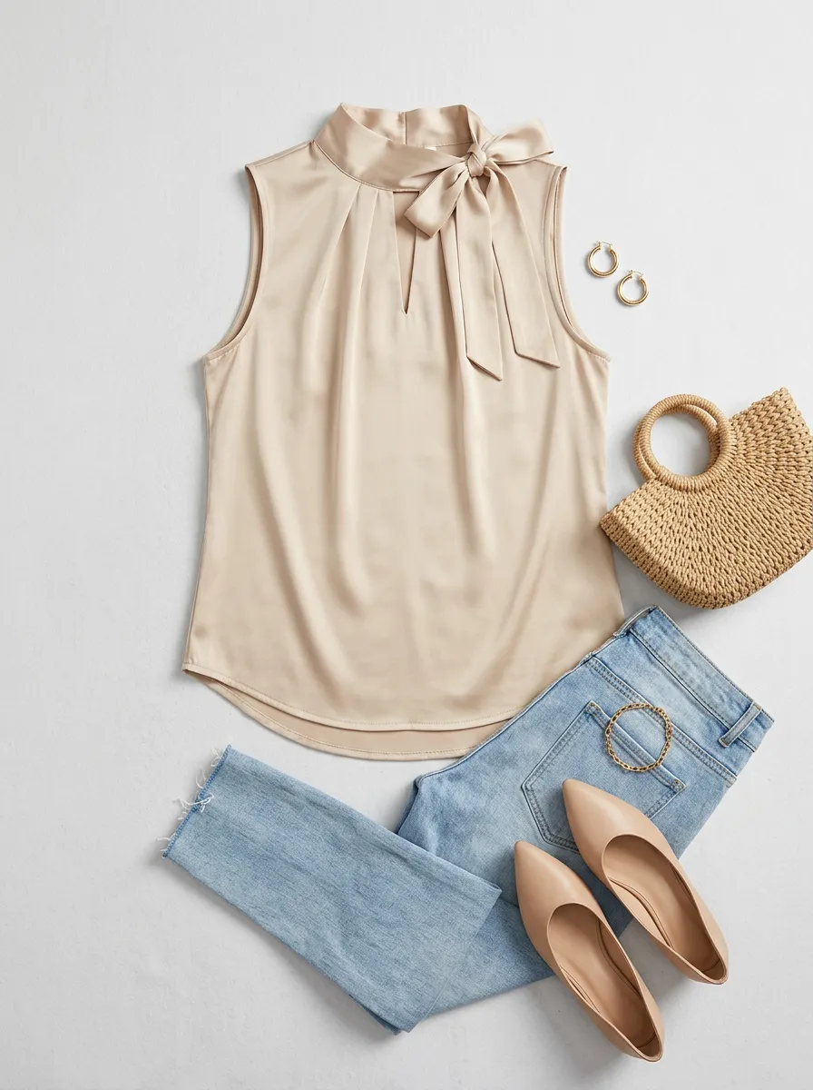 Satin Mock Neck Tie-Front Sleeveless Top