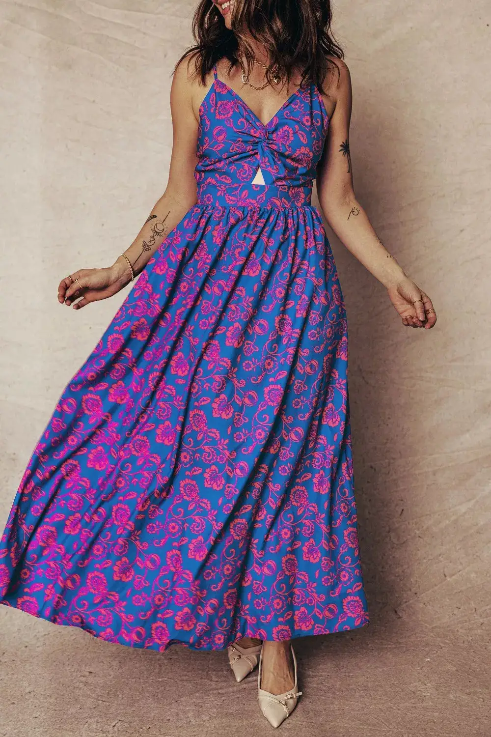 Classic Floral Print Twisted V Neck Tied Backless Maxi Dress