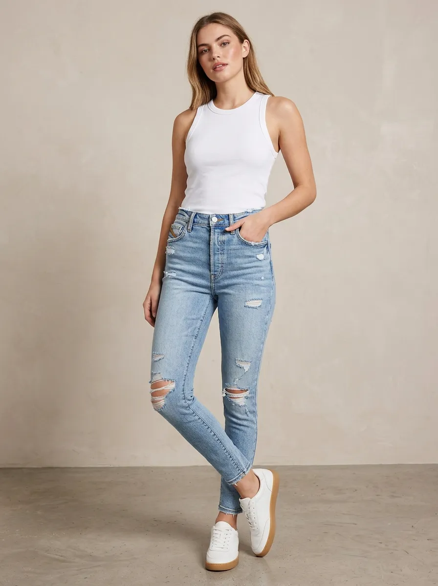 Women's Classic Denim Jeans with Casual Silhouette and Distressed Finish
