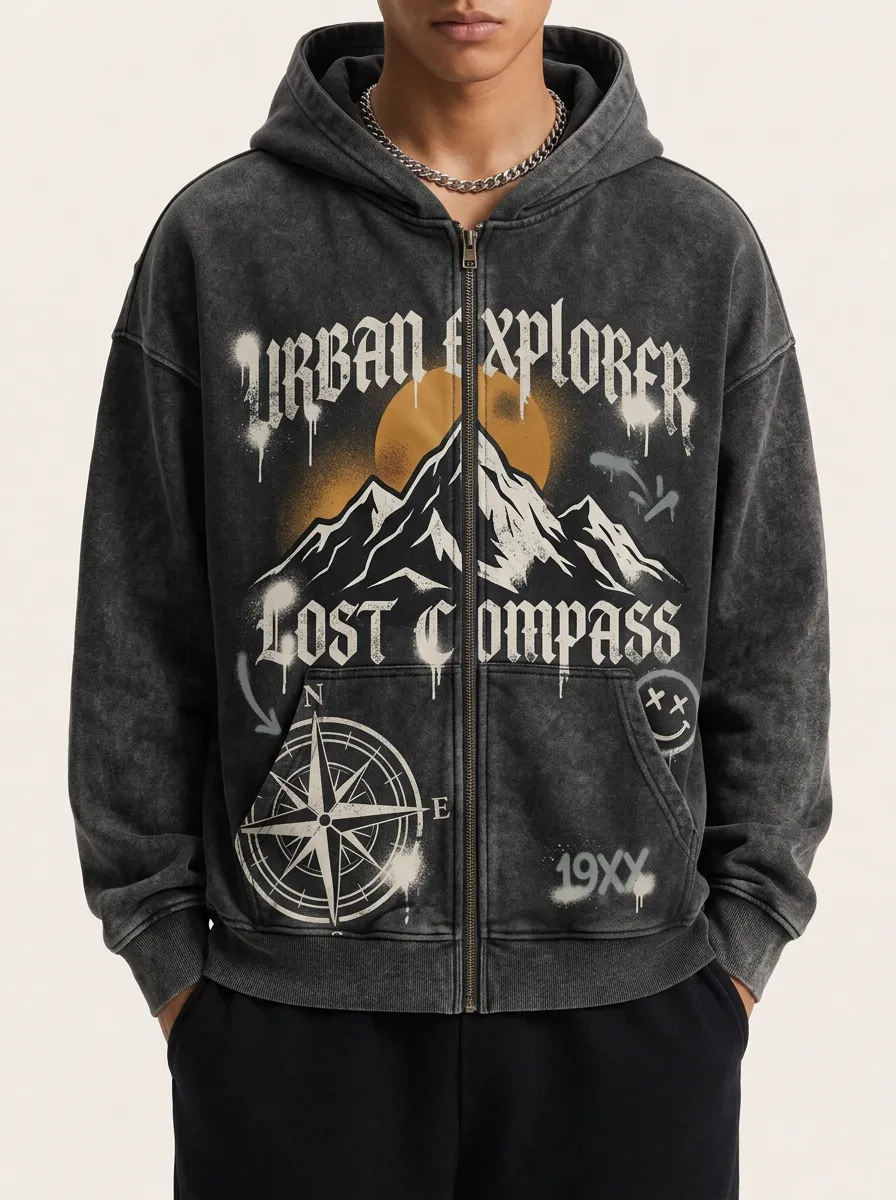 Men's Urban Explorer Mountain Compass Graphic Printed Zip Hoodie