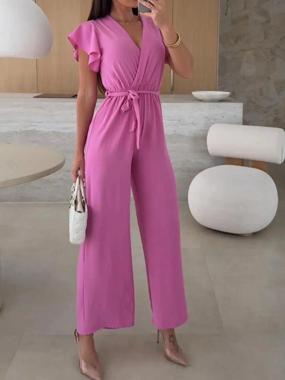Surplice Wide Leg Belted Jumpsuit Pants