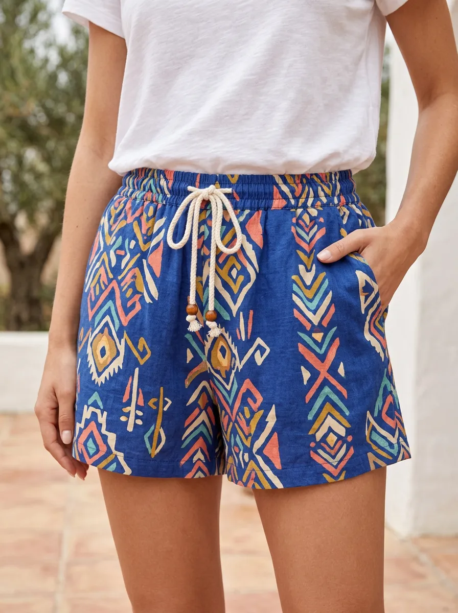Women's Boho Tribal Pattern Rope Drawstring Printed Shorts