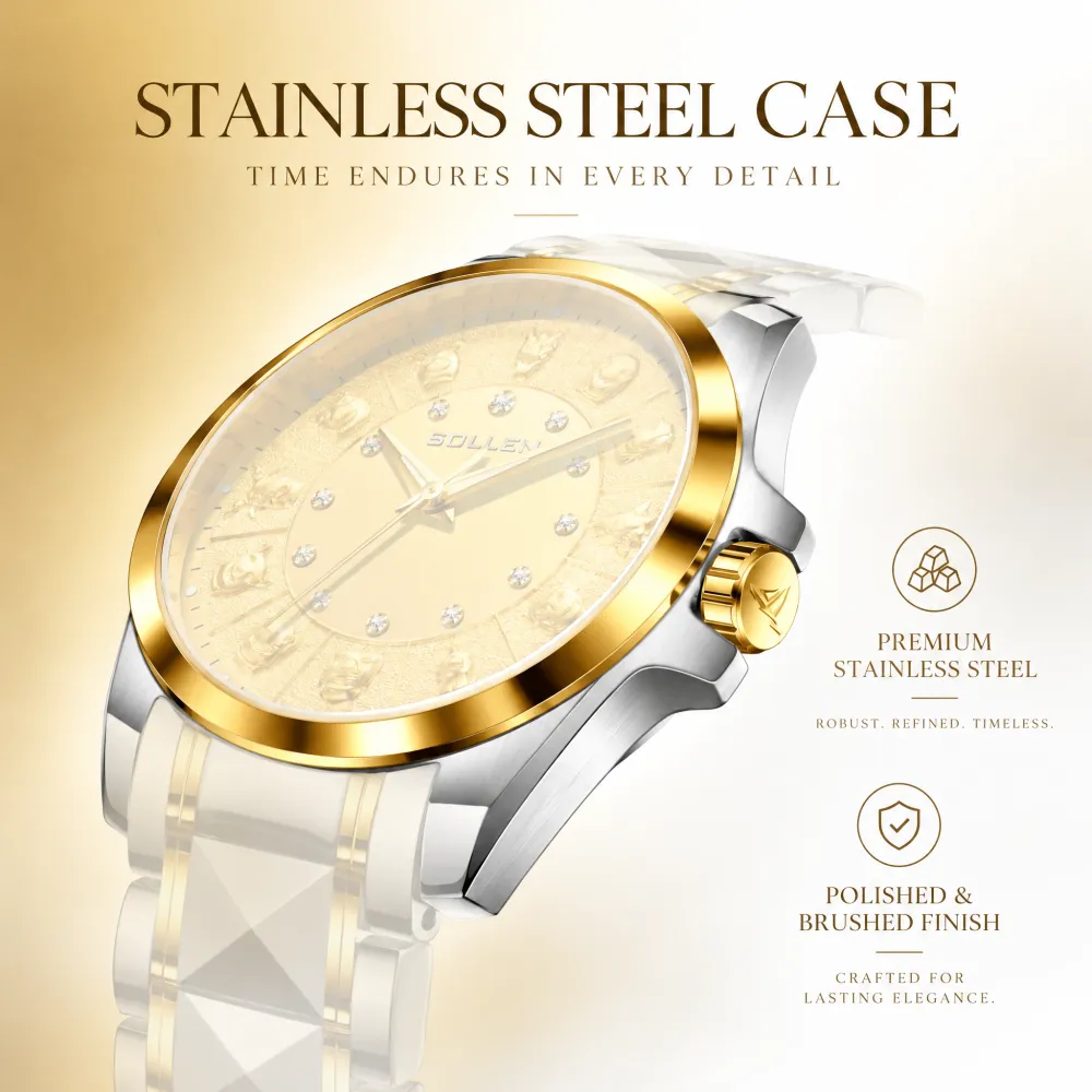 Sollen 9066 Automatic Watch - Men's Dress 12 Diamond Zodiac Relief Gold Foil Dial 7-Bead Steel Bracelet Wristwatch