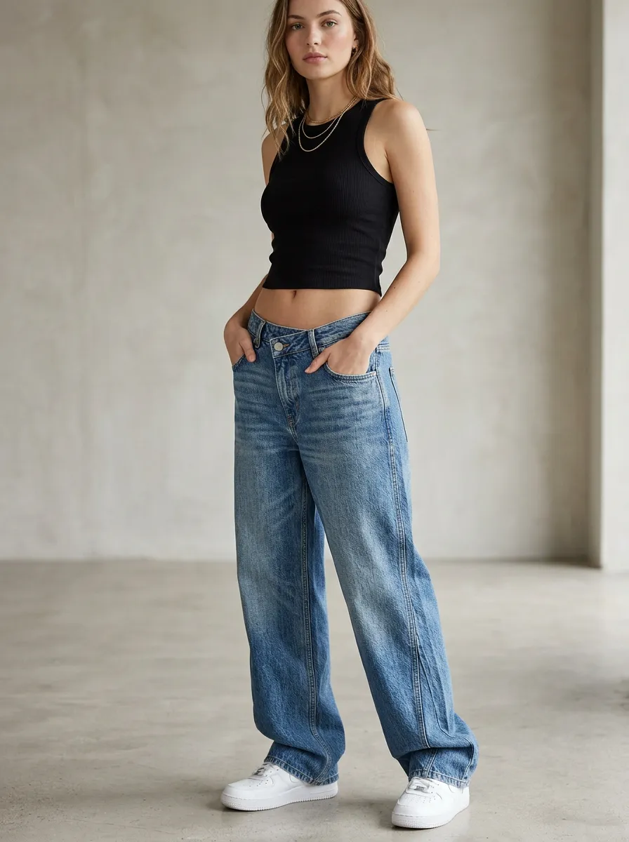 Women's Casual Button-Fly Asymmetric-Waist Low-Rise Wide Leg Jeans