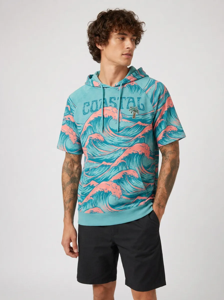 Men's Coastal Beach Lover Ocean Wave Palm Tree Printed Hoodie T-shirt